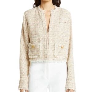 Ramy Brook Diaz Cotton Tweed Collarless Crew Neck Fringe Trim Lady Jacket